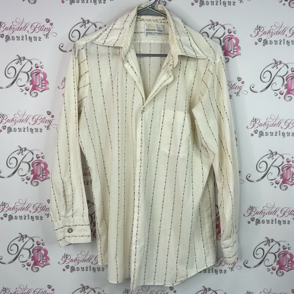 BayCrest button up vintage retro two way cuff Men's Cream Striped Casual Shirt